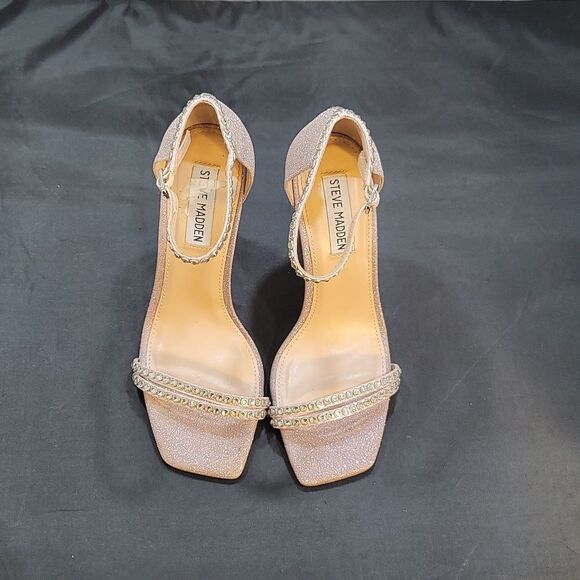 STEVE MADDEN WOMEN'S PINK GLITTER ANKLE STRAP RHINESTONE SQUARE TOE SANDAL - Picture 3 of 16